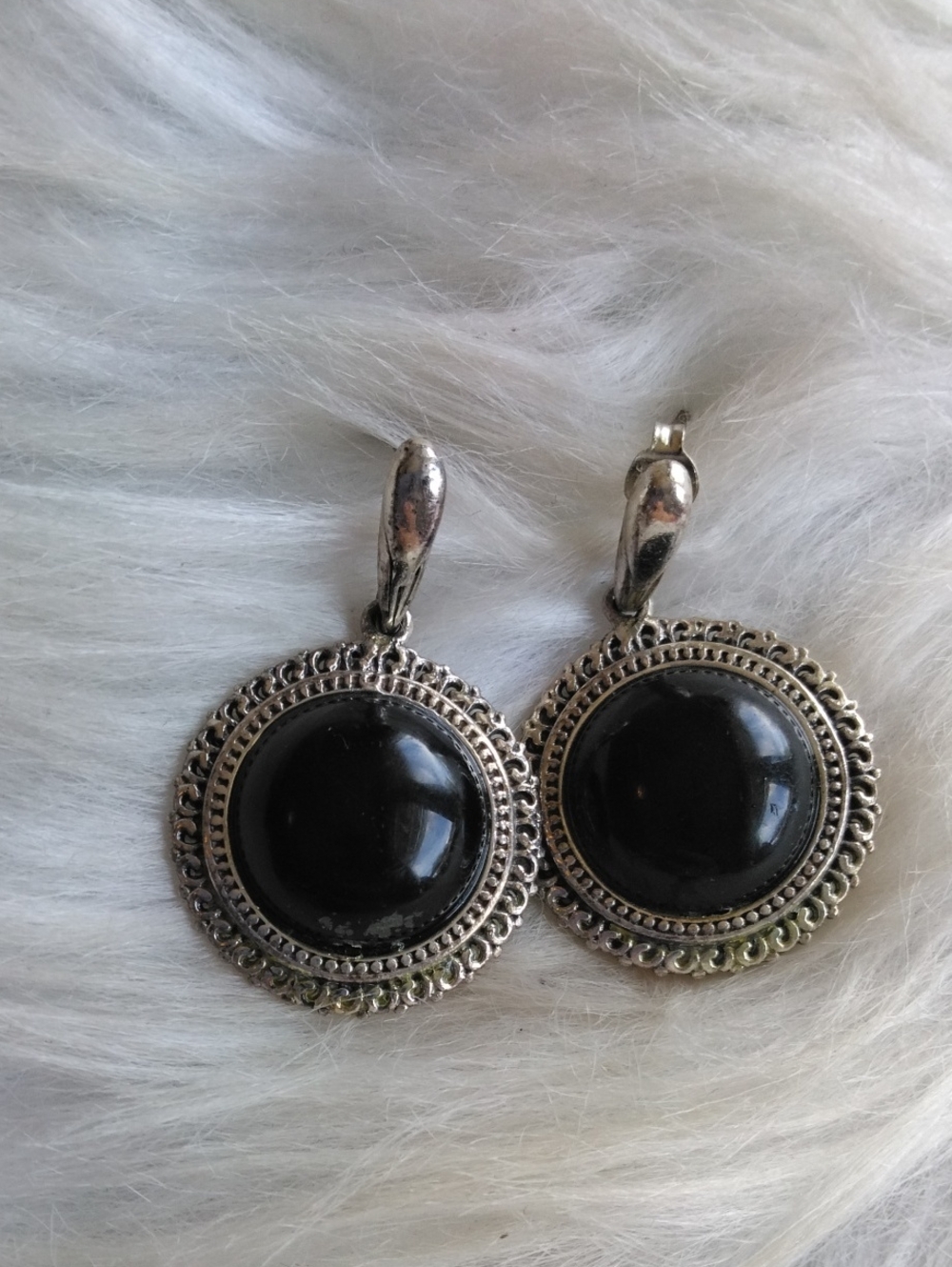 Black Stone Silver-Tone Round Drop Earrings - Women's Jewelry